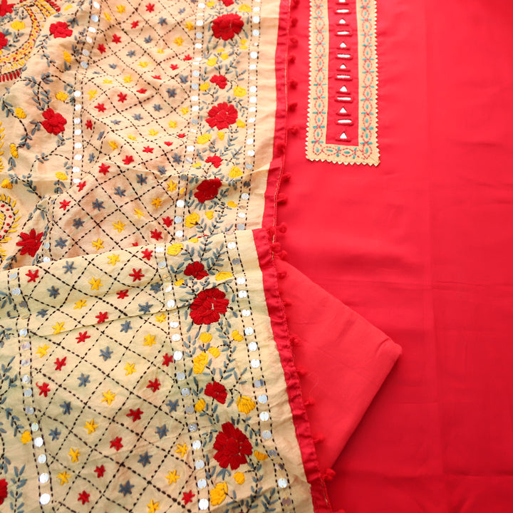 Soniye Bright Pink Mirror Work Patch Glazed Cotton Set With Art Silk Dupatta