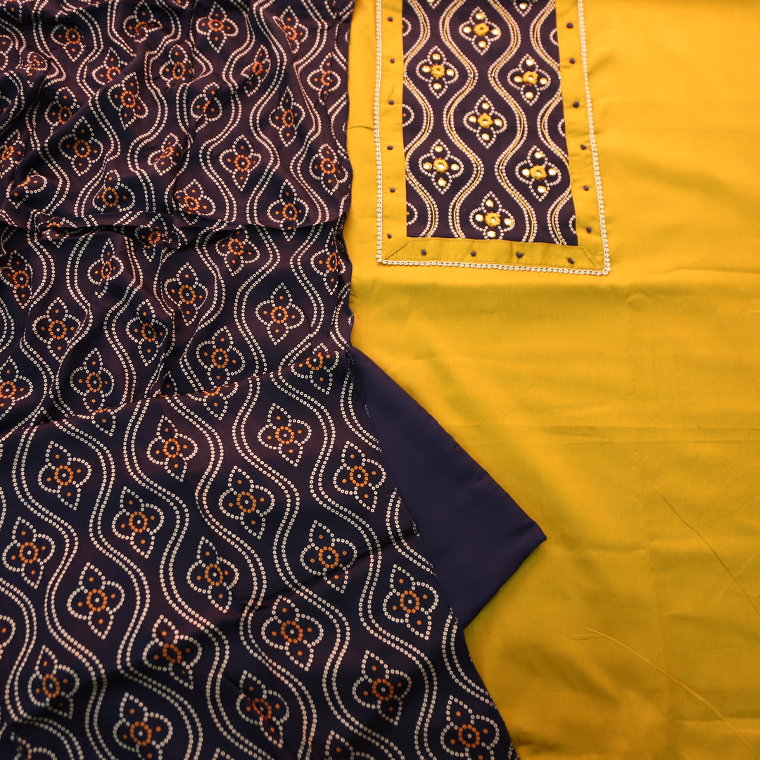 Gajgamini Turmeric Yellow Mirror with Bandhani Print Mashru Patch Glazed Cotton Set