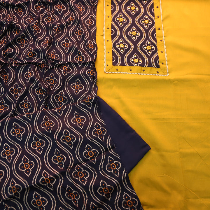 Gajgamini Turmeric Yellow Mirror with Bandhani Print Mashru Patch Glazed Cotton Set