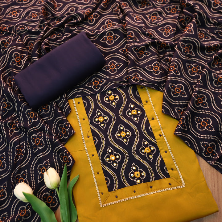 Gajgamini Turmeric Yellow Mirror with Bandhani Print Mashru Patch Glazed Cotton Set