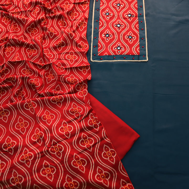 Gajgamini Denim Blue Mirror with Bandhani Print Mashru Patch Glazed Cotton Set