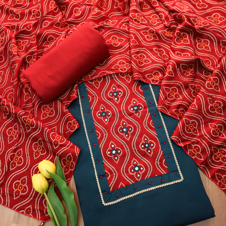 Gajgamini Denim Blue Mirror with Bandhani Print Mashru Patch Glazed Cotton Set