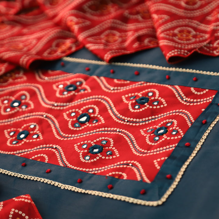 Gajgamini Denim Blue Mirror with Bandhani Print Mashru Patch Glazed Cotton Set