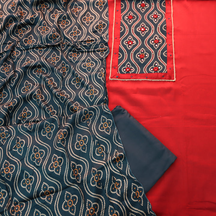 Gajgamini Cherry Red Mirror with Bandhani Print Mashru Patch Glazed Cotton Set