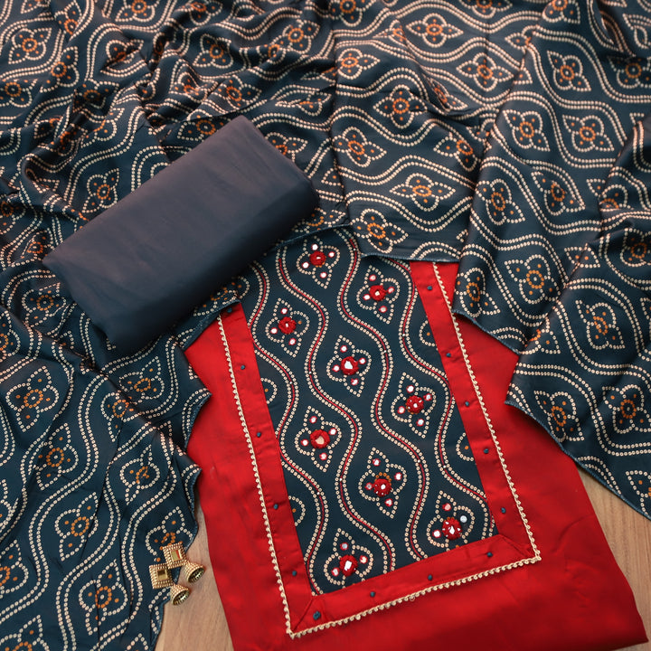 Gajgamini Cherry Red Mirror with Bandhani Print Mashru Patch Glazed Cotton Set