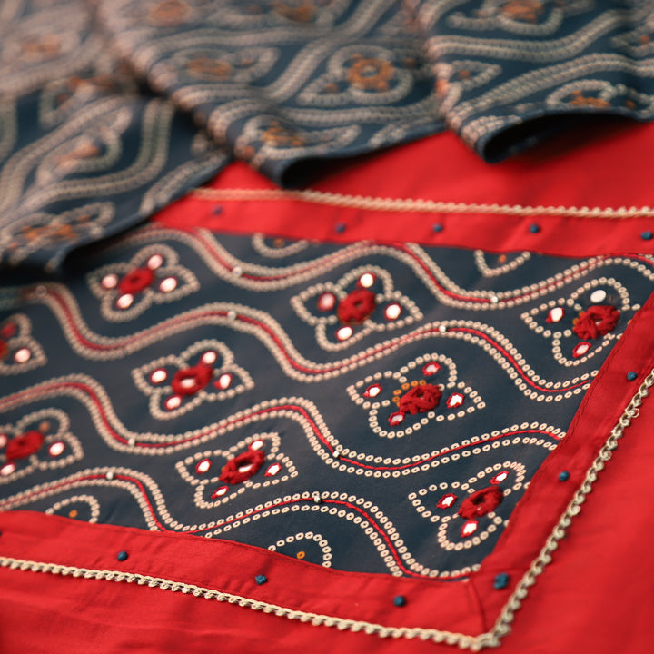 Gajgamini Cherry Red Mirror with Bandhani Print Mashru Patch Glazed Cotton Set