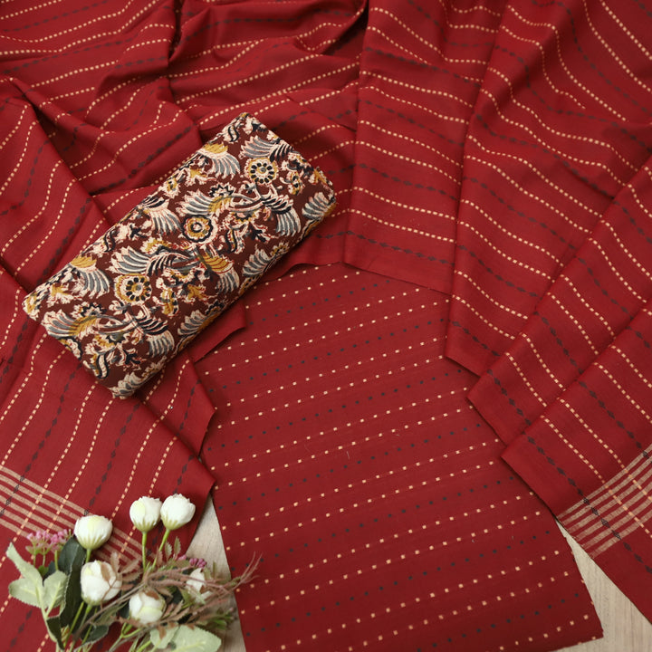 Kamini Maroon Red All Over Thread Weaved Work Cotton Suit Set