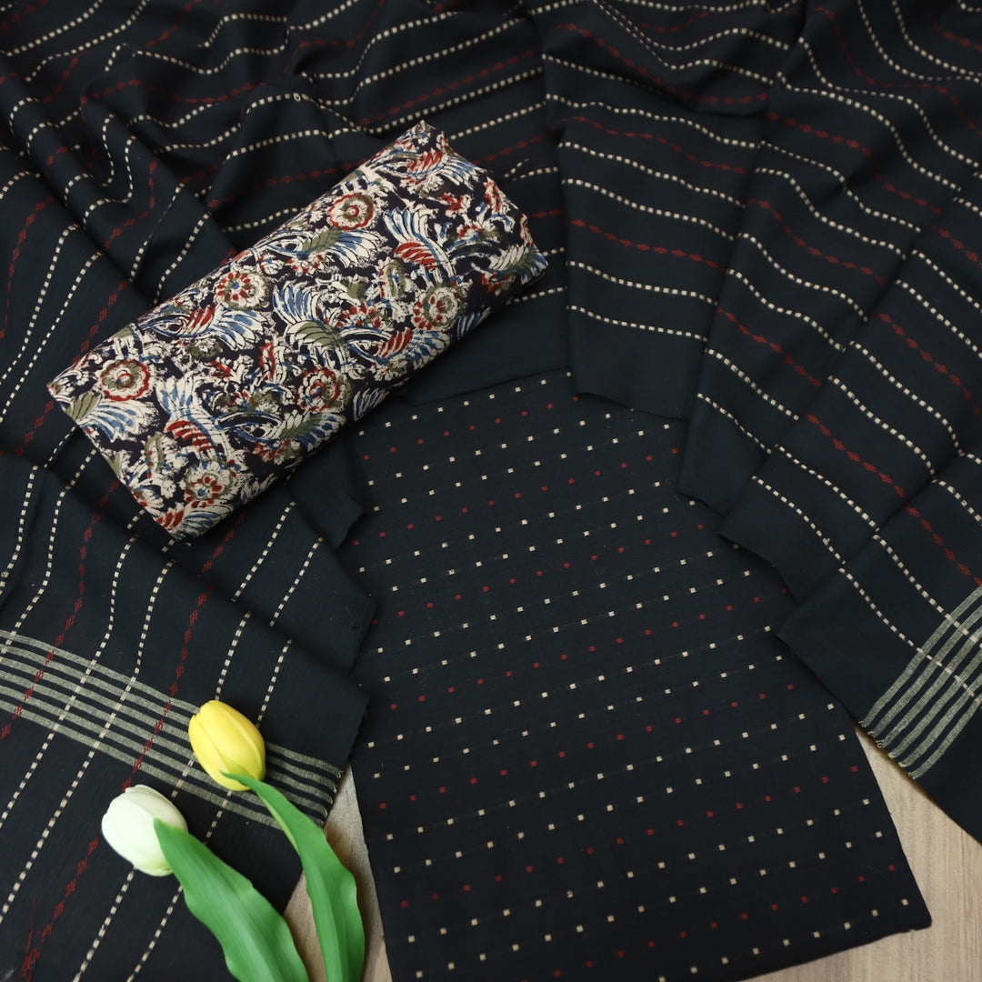 Kamini Raven Black All Over Thread Weaved Work Cotton Suit Set