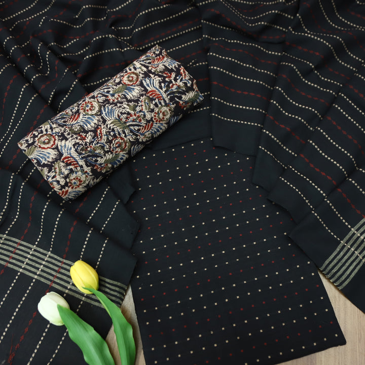 Kamini Raven Black All Over Thread Weaved Work Cotton Suit Set