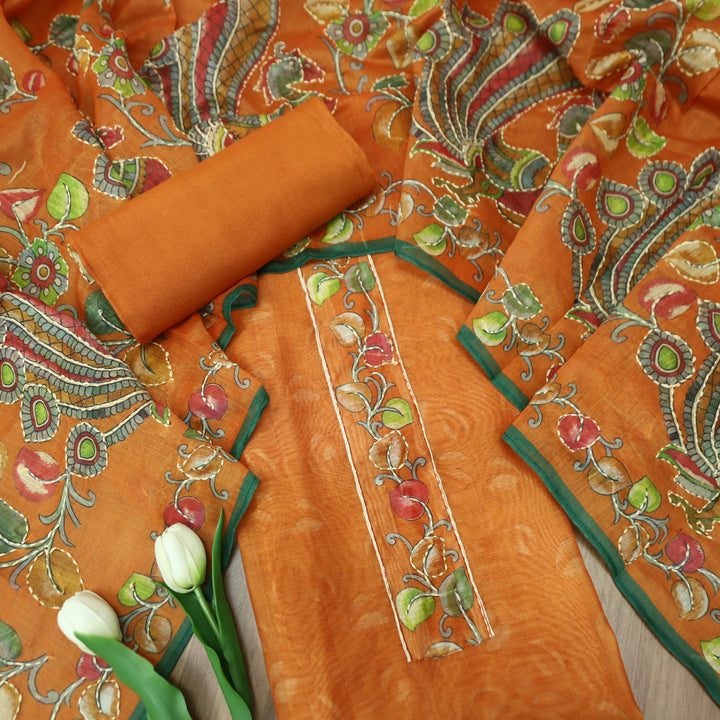 Saiyara Peel Orange with Kantha Embroidery Neck Work Chanderi Suit Set