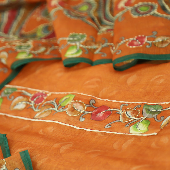 Saiyara Peel Orange with Kantha Embroidery Neck Work Chanderi Suit Set