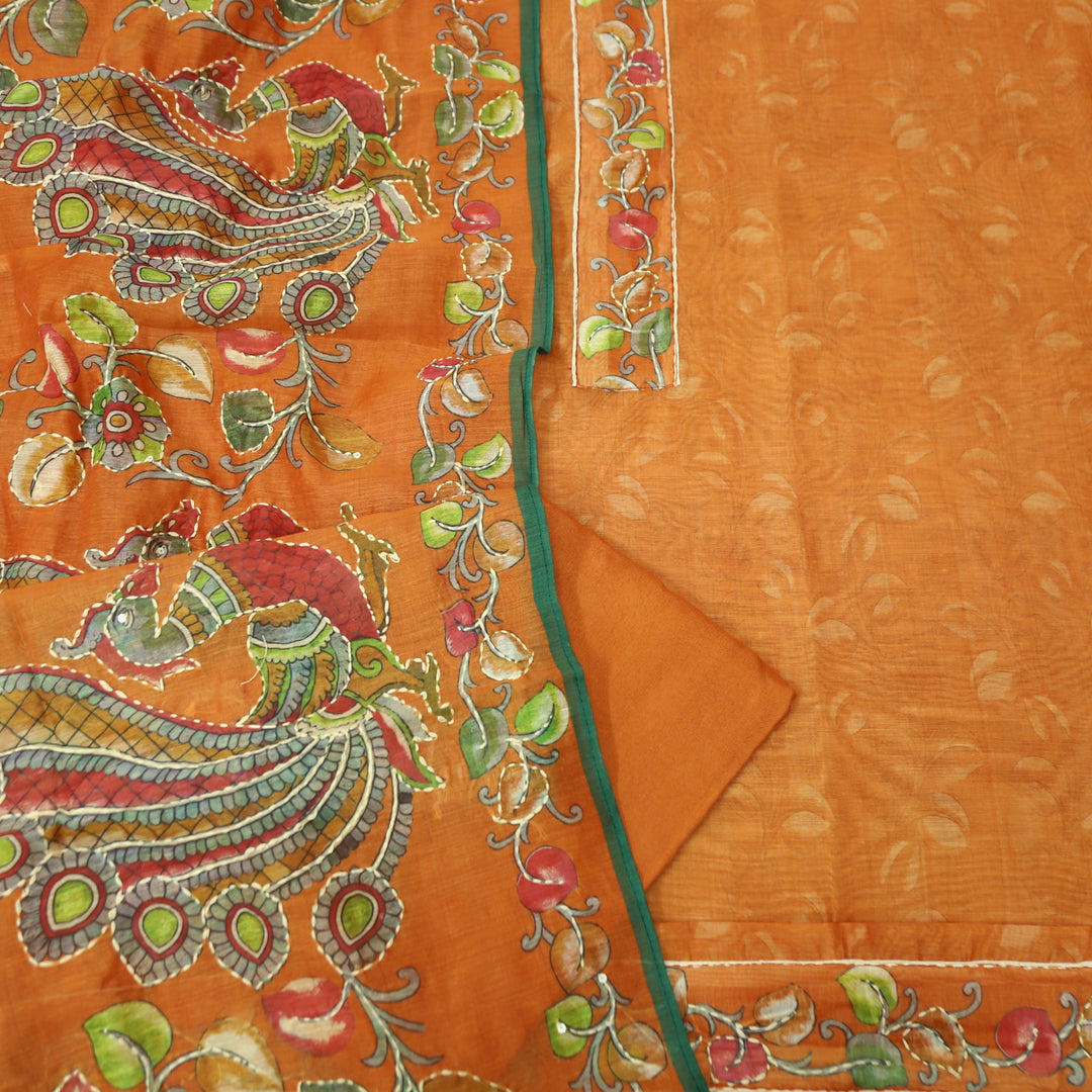 Saiyara Peel Orange with Kantha Embroidery Neck Work Chanderi Suit Set