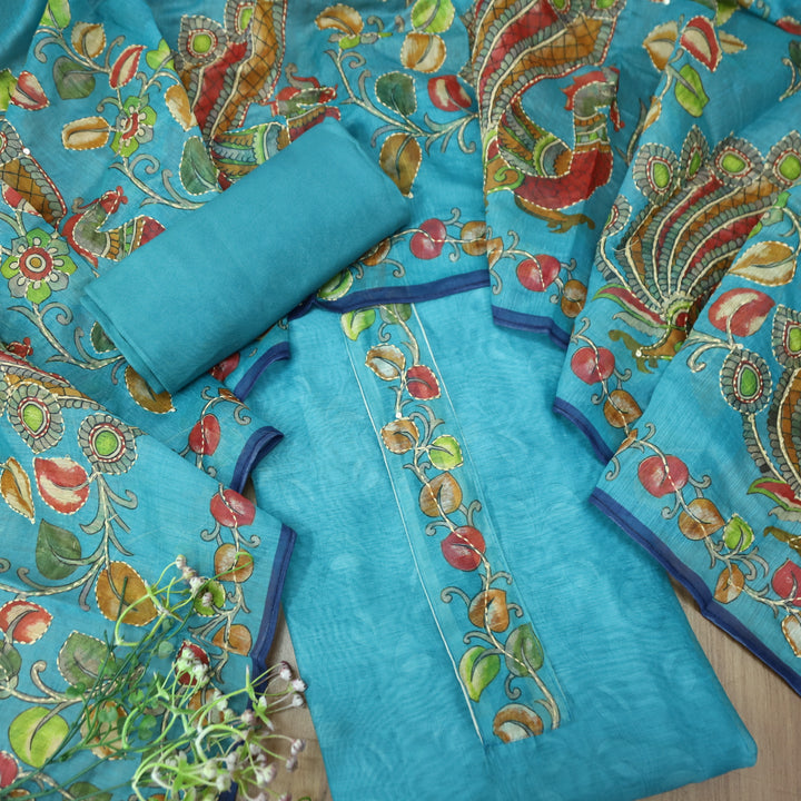 Saiyara Neelamber Blue with Kantha Embroidery Neck Work Chanderi Suit Set