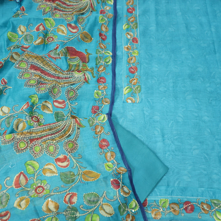 Saiyara Neelamber Blue with Kantha Embroidery Neck Work Chanderi Suit Set