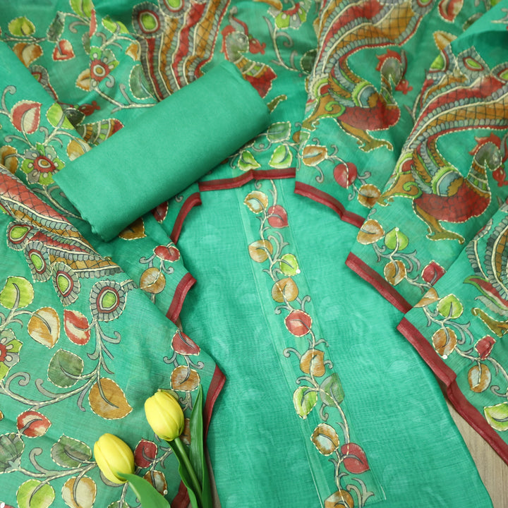 Saiyara Sea Form Green with Kantha Embroidery Neck Work Chanderi Suit Set