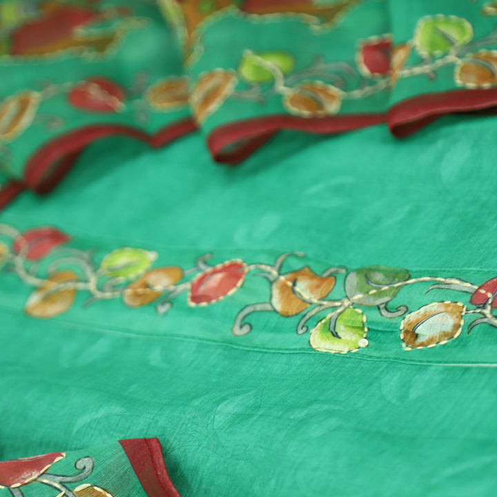 Saiyara Sea Form Green with Kantha Embroidery Neck Work Chanderi Suit Set