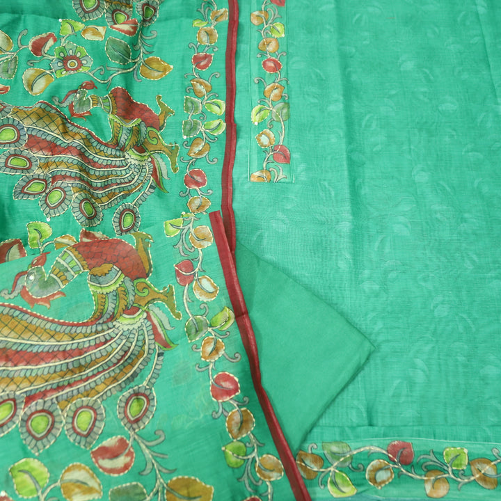 Saiyara Sea Form Green with Kantha Embroidery Neck Work Chanderi Suit Set