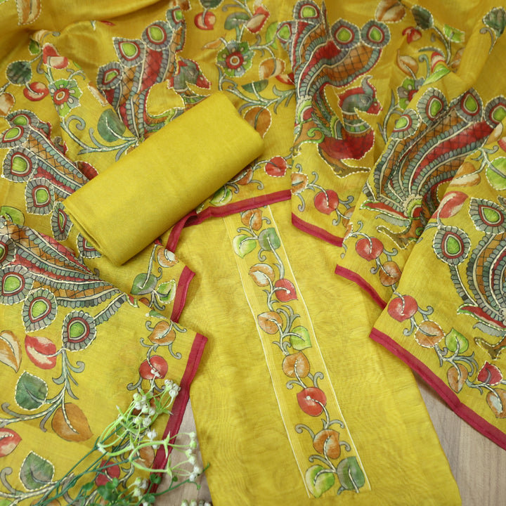 Saiyara Custard Yellow with Kantha Embroidery Neck Work Chanderi Suit Set