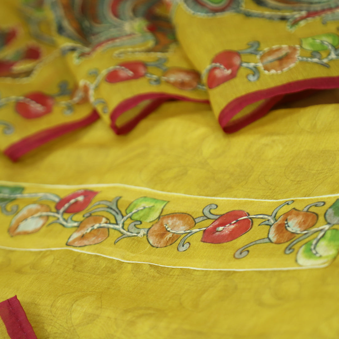 Saiyara Custard Yellow with Kantha Embroidery Neck Work Chanderi Suit Set