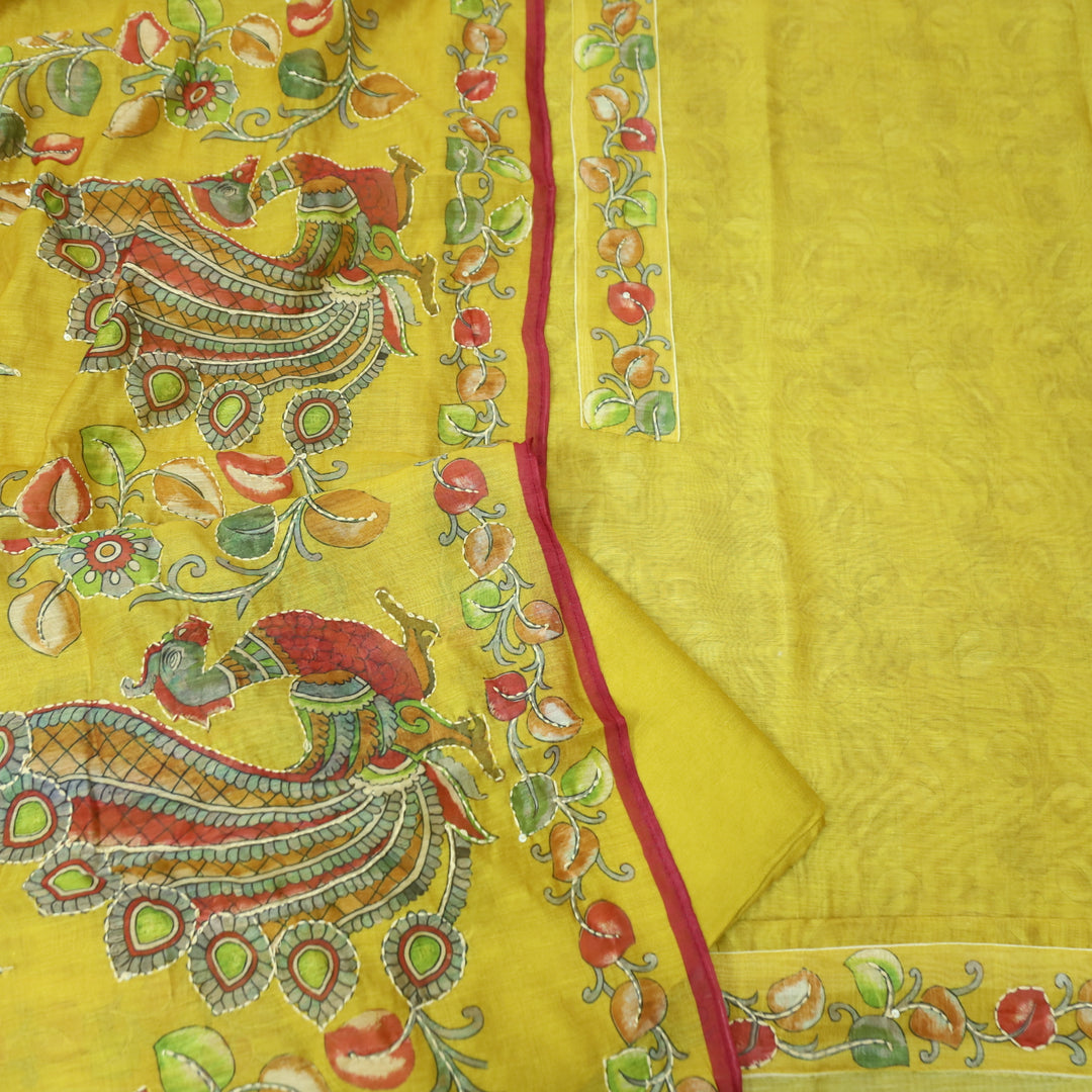 Saiyara Custard Yellow with Kantha Embroidery Neck Work Chanderi Suit Set