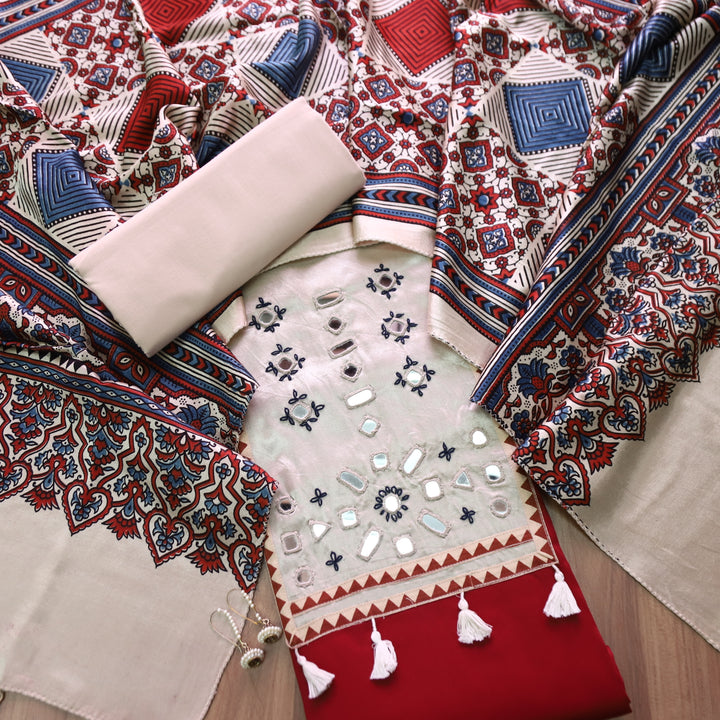Jamuna Berry Red and Beige Mirror Work Patch with Hanging Glazed Cotton Suit Set