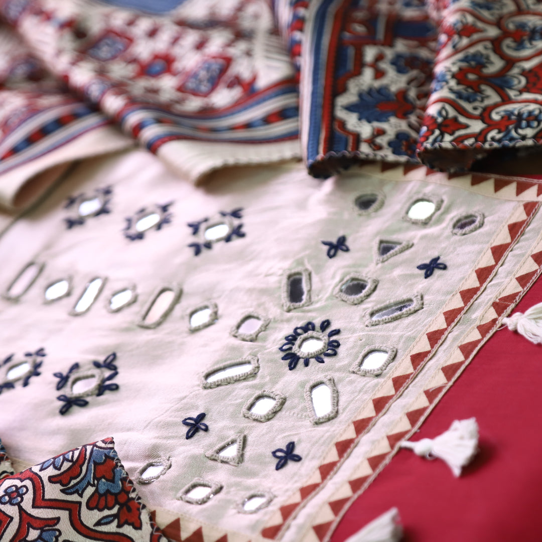 Jamuna Berry Red and Beige Mirror Work Patch with Hanging Glazed Cotton Suit Set