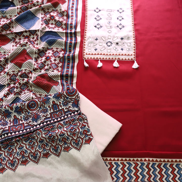 Jamuna Berry Red and Beige Mirror Work Patch with Hanging Glazed Cotton Suit Set