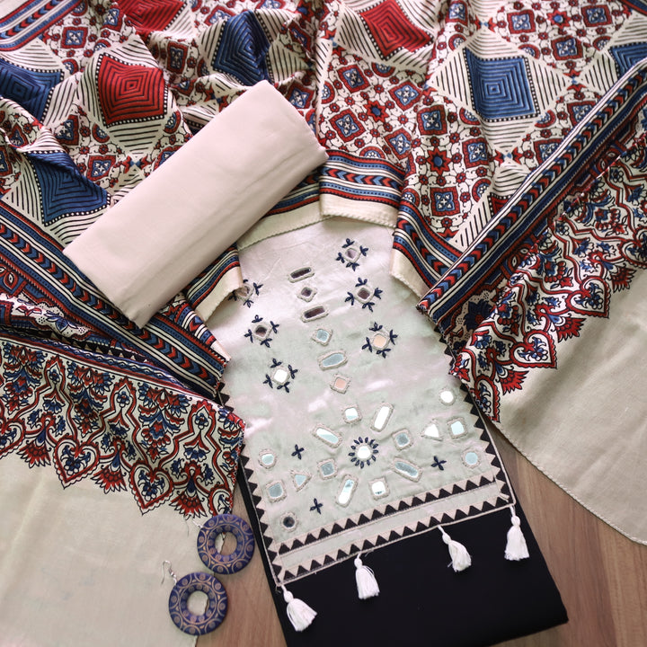 Jamuna Raven Black and Beige Mirror Work Patch with Hanging Glazed Cotton Suit Set