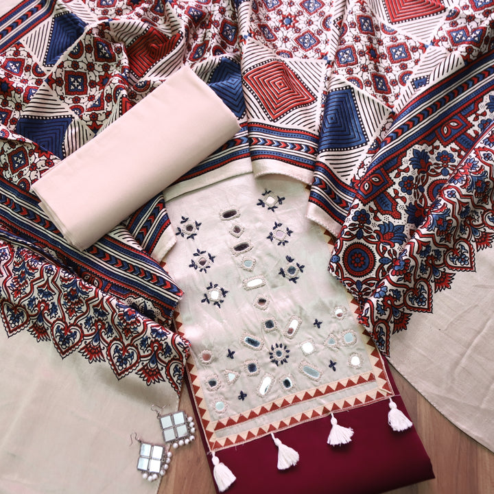 Jamuna Burgundy Wine and Beige Mirror Work Patch with Hanging Glazed Cotton Suit Set