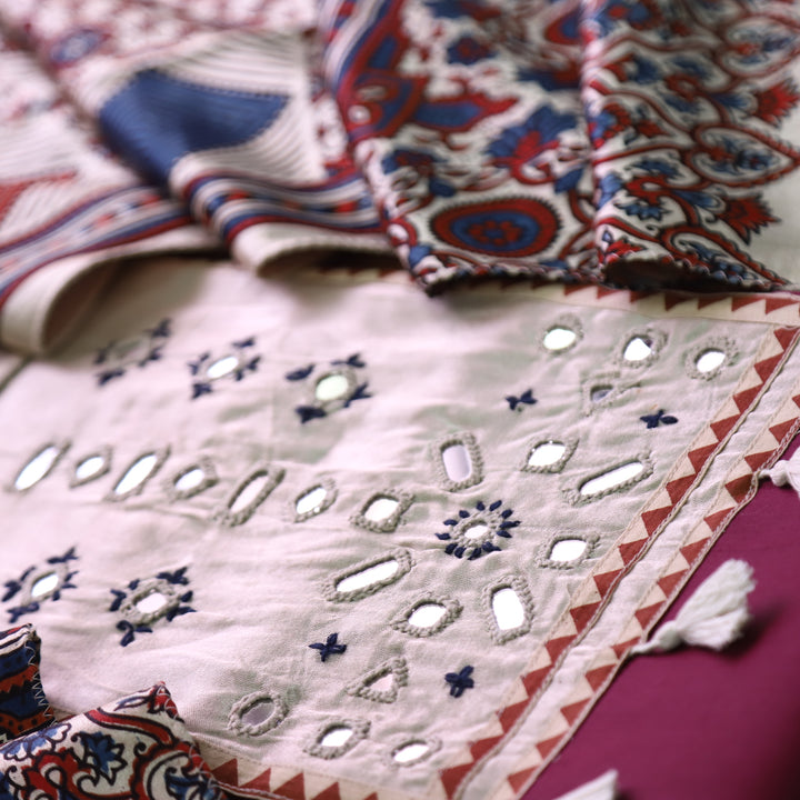 Jamuna Burgundy Wine and Beige Mirror Work Patch with Hanging Glazed Cotton Suit Set