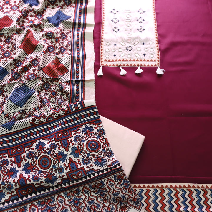 Jamuna Burgundy Wine and Beige Mirror Work Patch with Hanging Glazed Cotton Suit Set