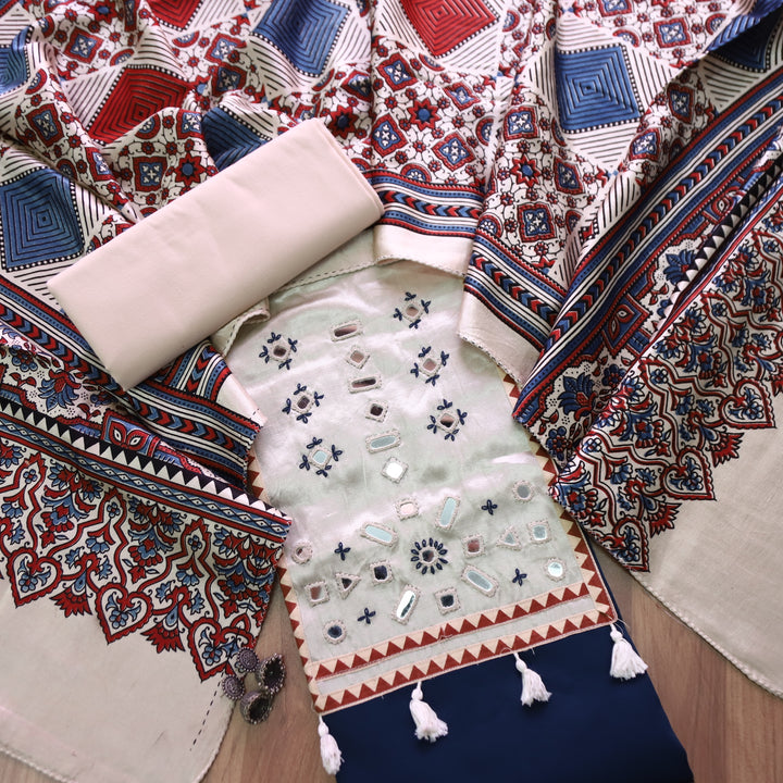 Jamuna Navy Blue and Beige Mirror Work Patch with Hanging Glazed Cotton Suit Set