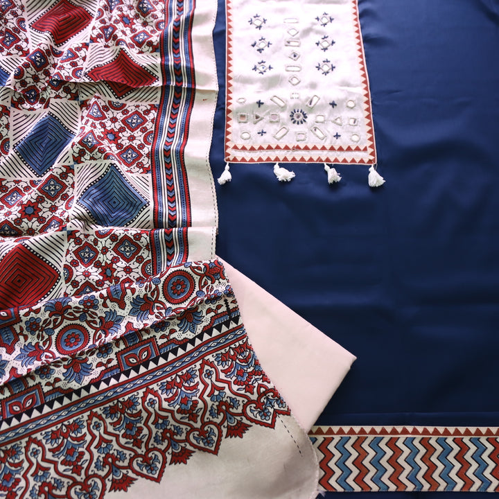 Jamuna Navy Blue and Beige Mirror Work Patch with Hanging Glazed Cotton Suit Set