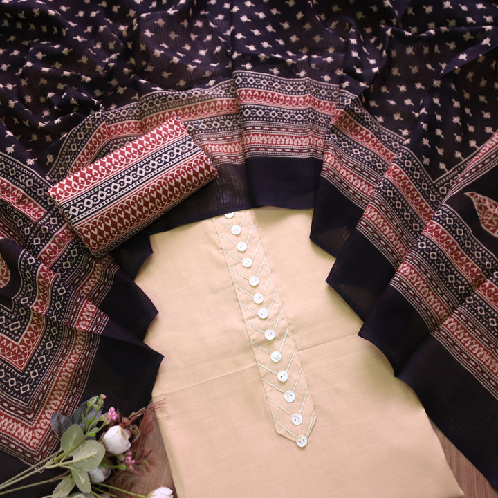 Raavi Skin Beige Button Work Patch on Neck in Cotton Suit Set