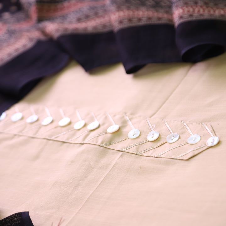 Raavi Skin Beige Button Work Patch on Neck in Cotton Suit Set