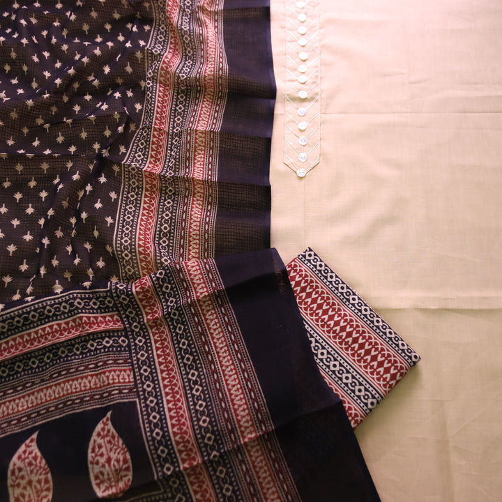 Raavi Skin Beige Button Work Patch on Neck in Cotton Suit Set