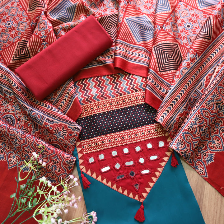 Raavi Cerulean Teal and Red Mashru Patch with Mirror in Glazed Cotton Suit Set