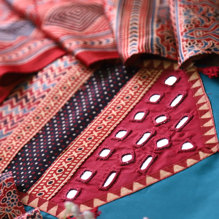 Raavi Cerulean Teal and Red Mashru Patch with Mirror in Glazed Cotton Suit Set