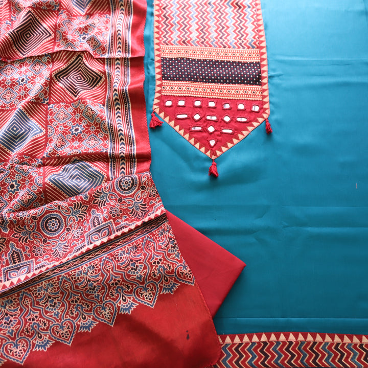 Raavi Cerulean Teal and Red Mashru Patch with Mirror in Glazed Cotton Suit Set