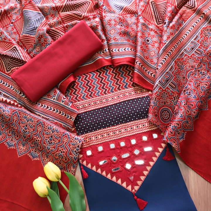 Raavi Denim Blue and Red Mashru Patch with Mirror in Glazed Cotton Suit Set