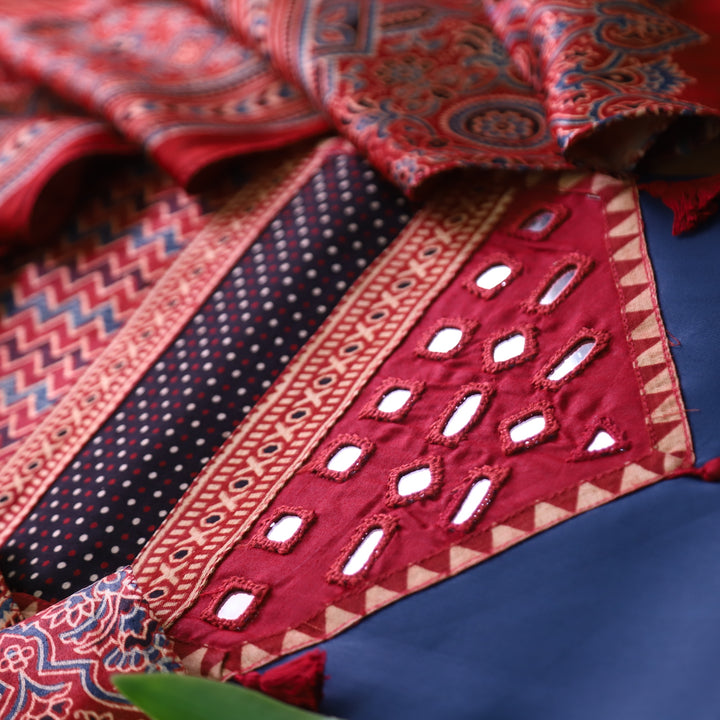 Raavi Denim Blue and Red Mashru Patch with Mirror in Glazed Cotton Suit Set