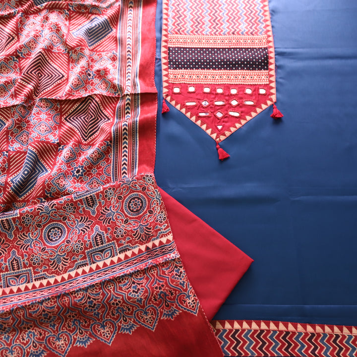Raavi Denim Blue and Red Mashru Patch with Mirror in Glazed Cotton Suit Set