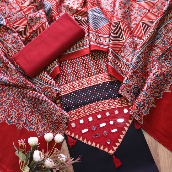 Raavi Ebony Black and Red Mashru Patch with Mirror in Glazed Cotton Suit Set
