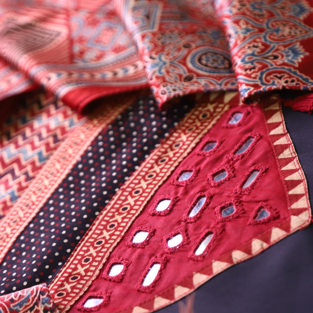 Raavi Ebony Black and Red Mashru Patch with Mirror in Glazed Cotton Suit Set