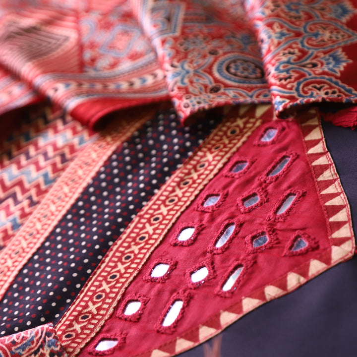 Raavi Ebony Black and Red Mashru Patch with Mirror in Glazed Cotton Suit Set