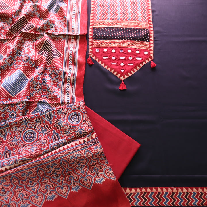 Raavi Ebony Black and Red Mashru Patch with Mirror in Glazed Cotton Suit Set