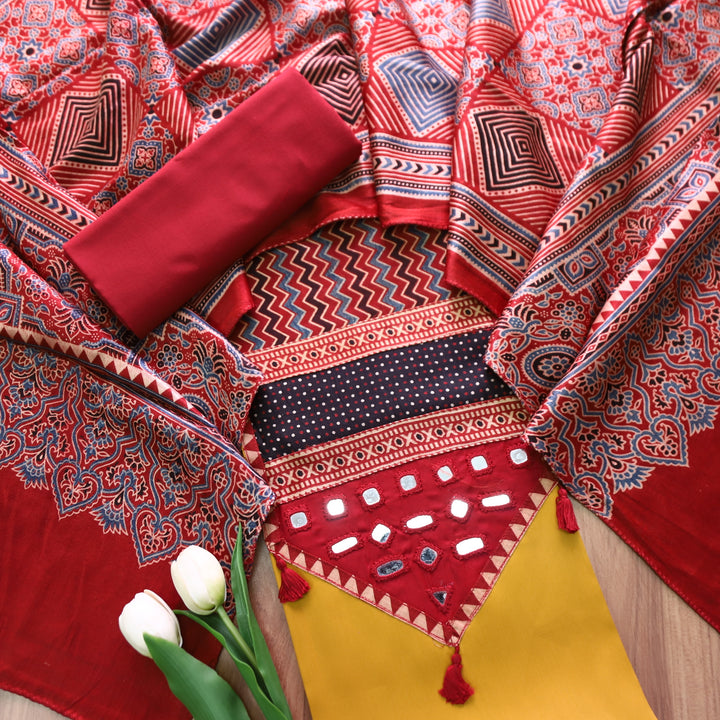 Raavi Dandelion Yellow and Red Mashru Patch with Mirror in Glazed Cotton Suit Set