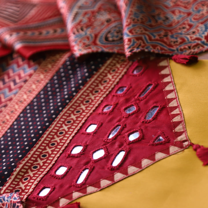 Raavi Dandelion Yellow and Red Mashru Patch with Mirror in Glazed Cotton Suit Set
