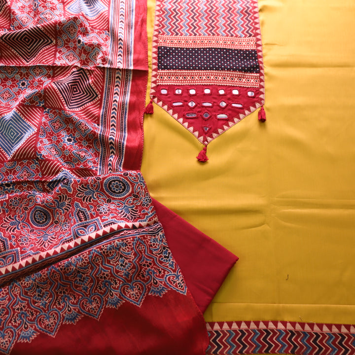 Raavi Dandelion Yellow and Red Mashru Patch with Mirror in Glazed Cotton Suit Set