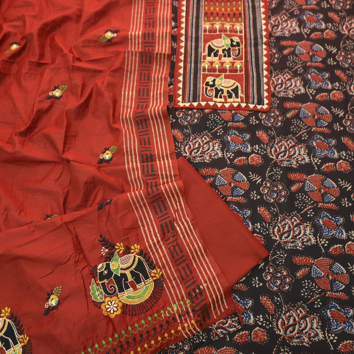 Maurya Raven Black Gajj Embroidered Neck Yoke with Ajrak Print Cotton Suit Set